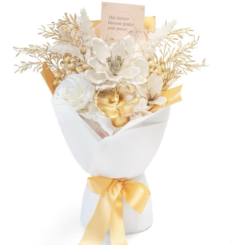 TINGE TIME preserved Flowers Bouquet Platinum Faux Rose White& Gold 16"x12"